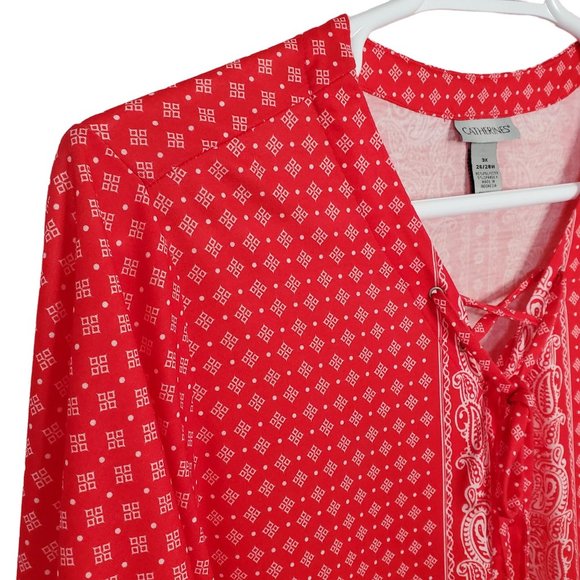 Catherines Size 3X 26/28W Blouse Pullover Stretch Paisley Lace Up Tunic Red - Picture 6 of 10